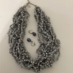 Silvery gray fabric necklace w matching drop earrings. 9”